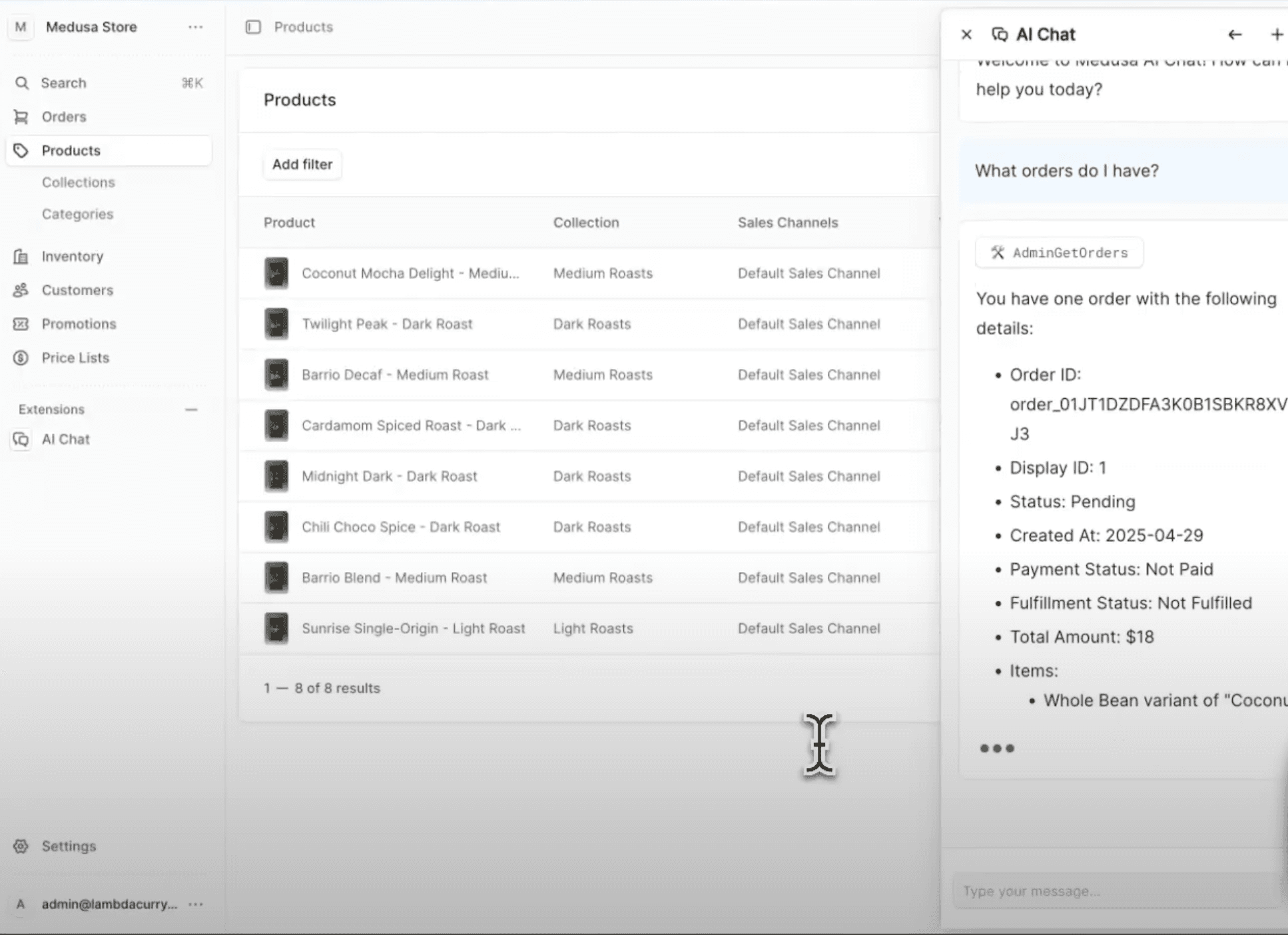 AI Agent Dashboard managing e-commerce store with order tracking and customer chat
